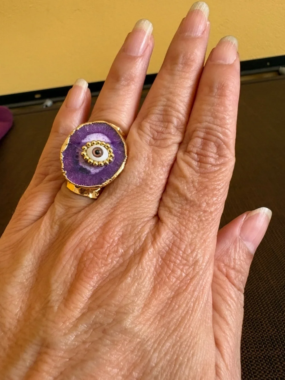 Purple Druzy Geode Evil Eye Ring with Gold Trim Adjustable